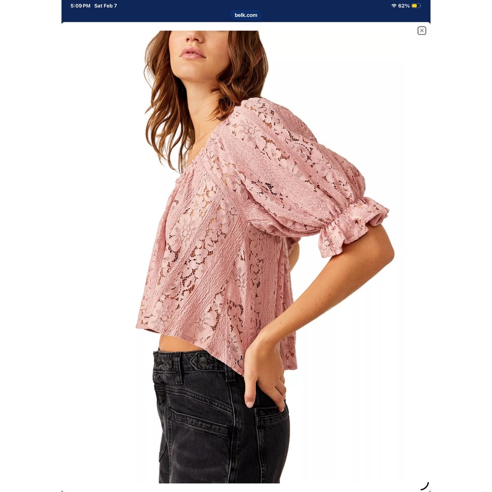 Free People Pink Lace Puff Sleeve Crop Top Blouse Small Boho Ruffle Scoop Neck